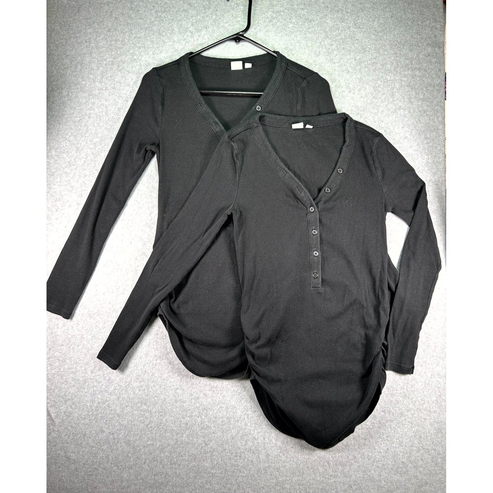 Lot of 2 Gap Henley Shirt Women's XS Black Side Ruched Detailed Ribbed Pullover